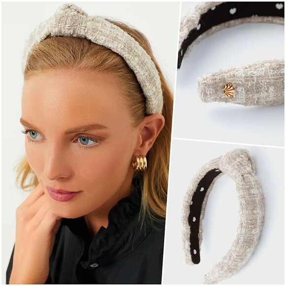 RARE Lele Sadoughi Beige Cream Tweed Slim Knotted Headband Gold Logo NWOT - Picture 1 of 9